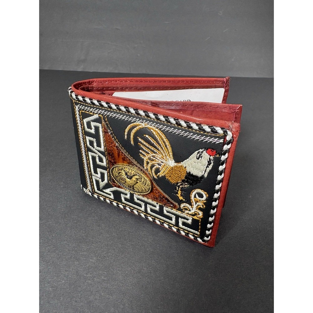 Mexican Charro Rooster Embroidered Bifold Wallet Red Black Western